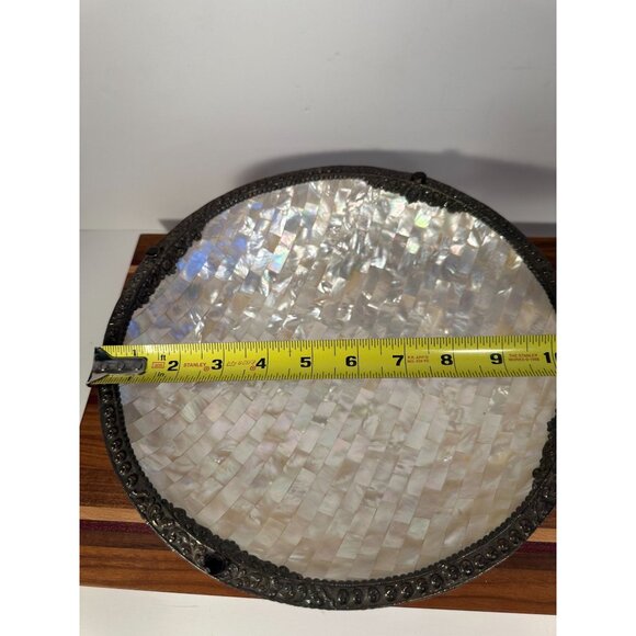 Handcrafted Mother-Of-Pearl Decorative Bowl With Ornate Metal Trim & Gem Accents - Picture 11 of 12